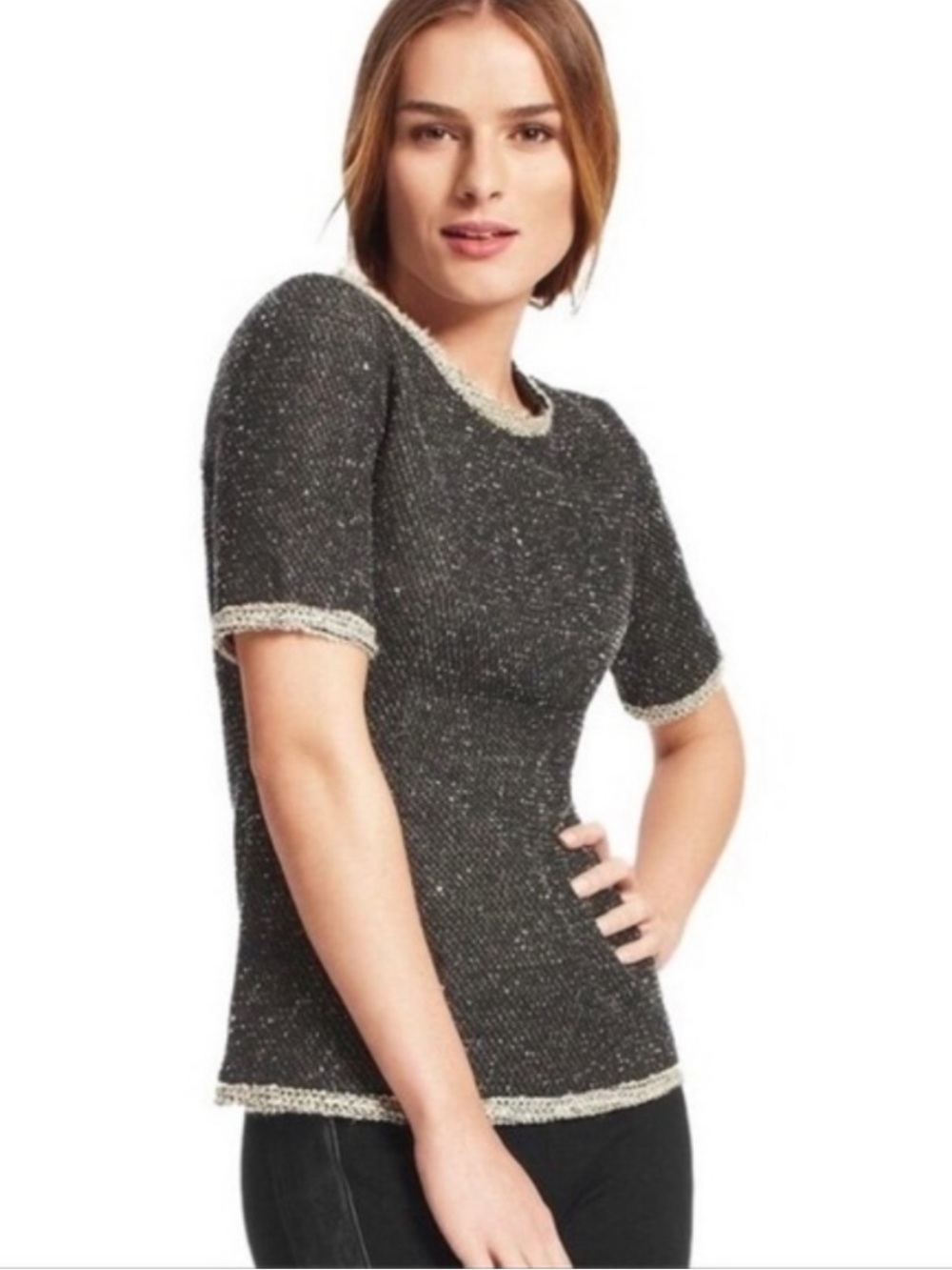 CAbi Coco Shell #542 Boucle Textured Top with Cream Trim Accents